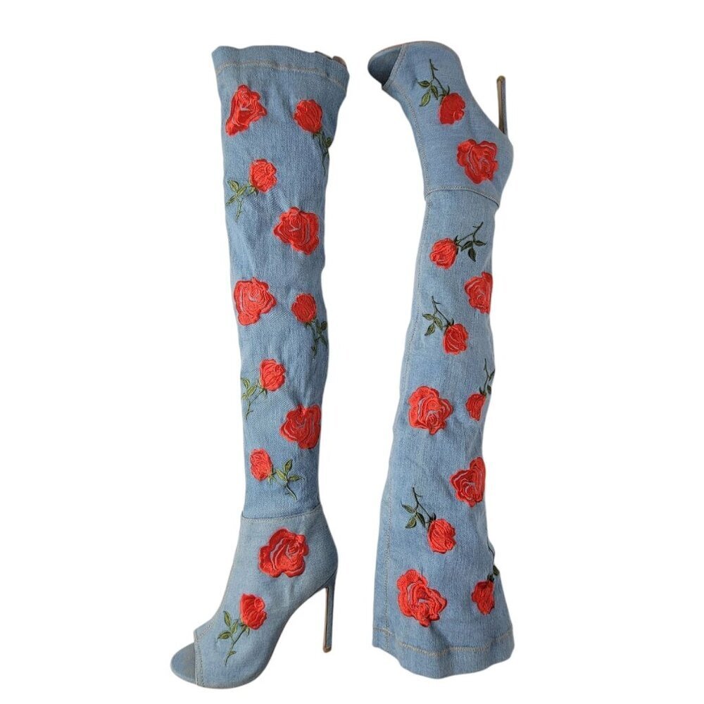 Akira Floral Embroidered Boots Sz 6.5 Thigh High Denim Peep Toe Stiletto 4.5" - Picture 14 of 16